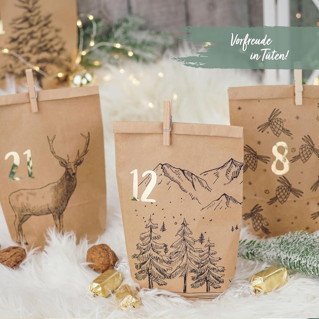 Papierdrachen Adventskalender 2025 zum Befüllen - 24 bedruckte Papiertüten mit Zahlenaufklebern & Kl