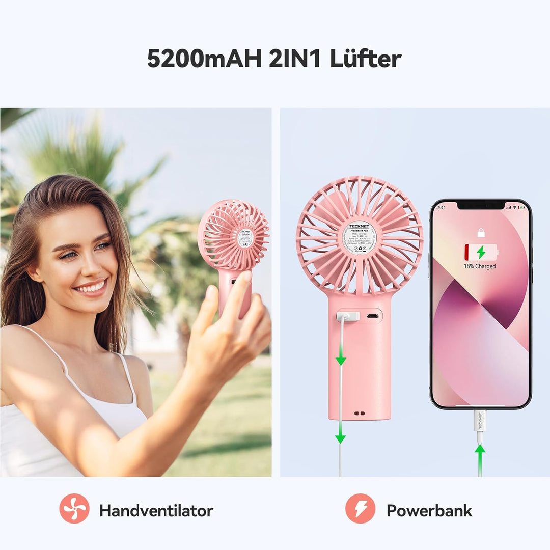TECKNET Mini USB Ventilator, Tragbarer Handventilator mit Powerbank, 5200mAh Aufladbarem Batterie Lü