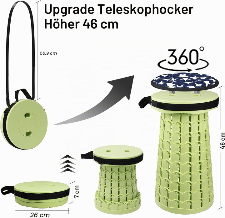 ALEVMOOM Tragbarer Klapphocker mit Kissen,Camping Hocker Teleskophocker,Klappbarer Hocker,Mini Leich