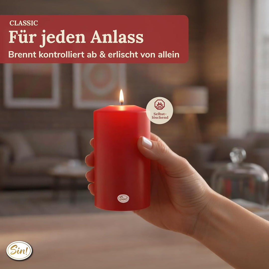 Sin!® 4er Set Teelichthalter & Dauerkerze Classic ROT ∅ 8cm H 9/12/15/18cm Seidenglanz - Die Kerze d