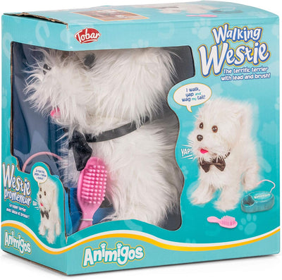 Animigos 37178 Walking Westie, süsser weisser Plüschhund, ca. 22 cm gross, kann laufen und bellen, m