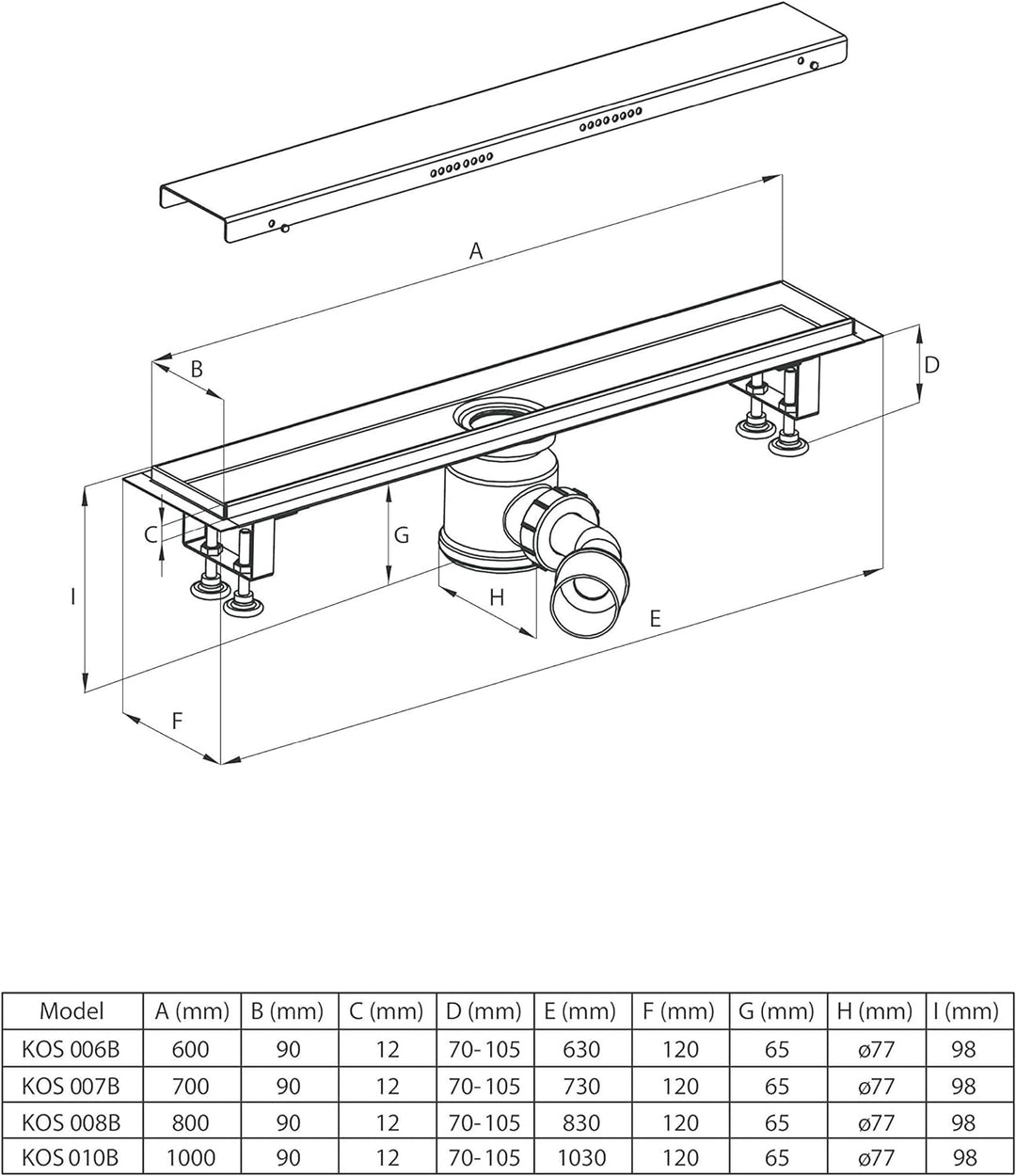 DEANTE Linearablauf mit Vollrost zur Montage unter Fliesen mit tiefem Siphon KOS 010B grau
