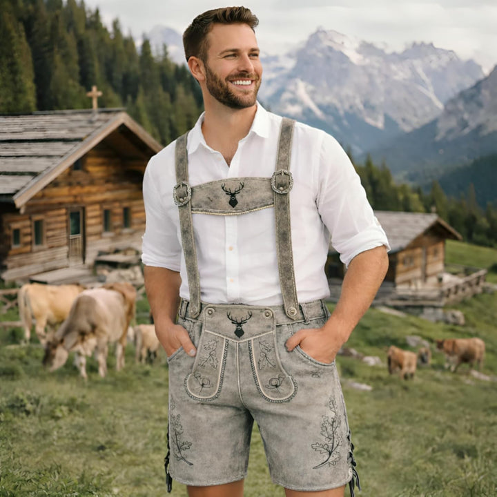 Herren Trachten Lederhose HK5-ANTIK + Träger, Echtes Leder, Gr. 44-60, 44 Mitternachtsgrau