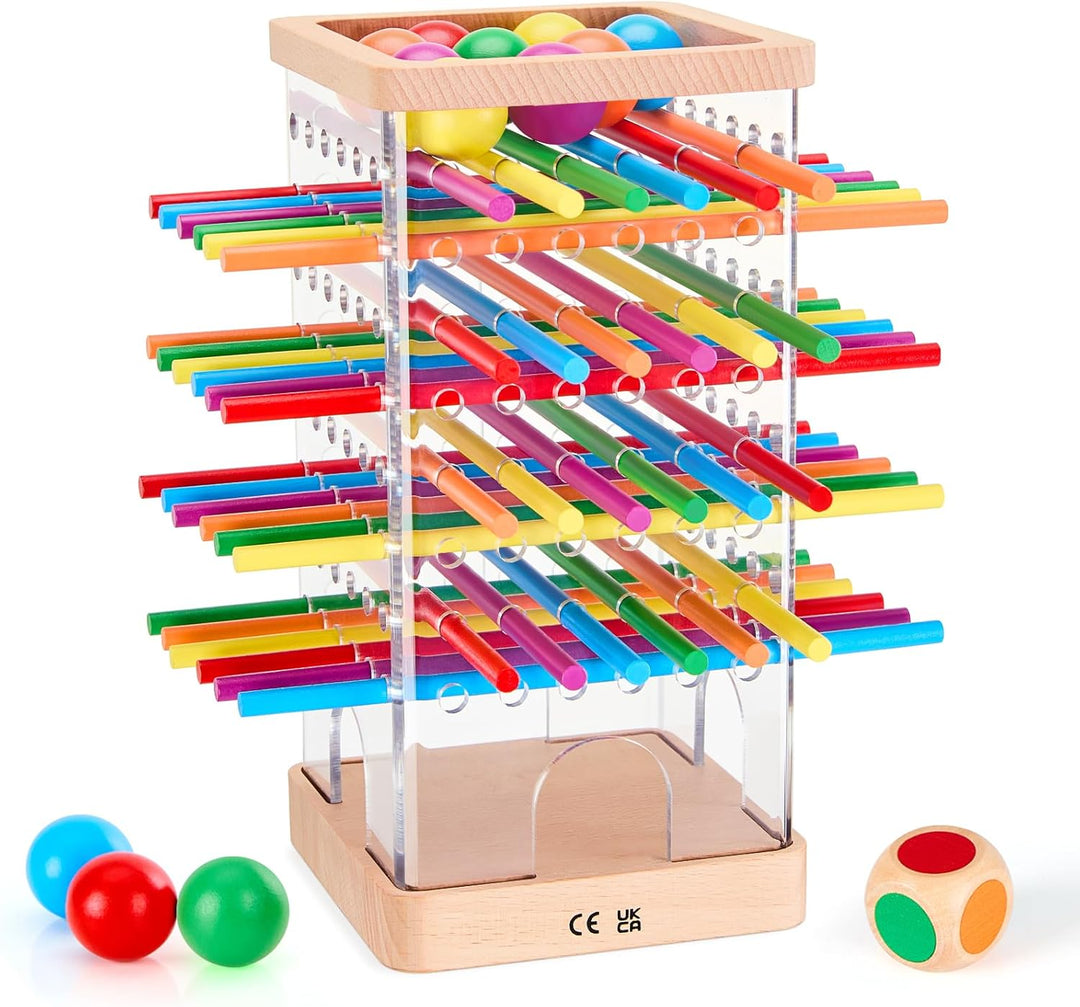 Montessori Spiel Brettspiel aus Holz, 48 Bunte Stäbchen Würfelspiel zur Feinmotorik & Mathe, Lernspi