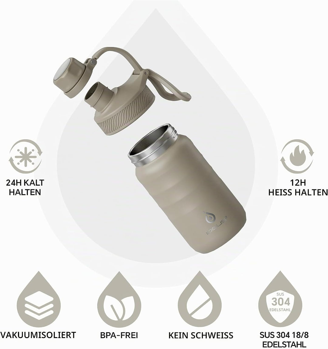 IDEUS Vakuumisolierte Wasserflasche, 12oz (360ml) Edelstahl Doppelwand Flasche Metall Sport Kantine