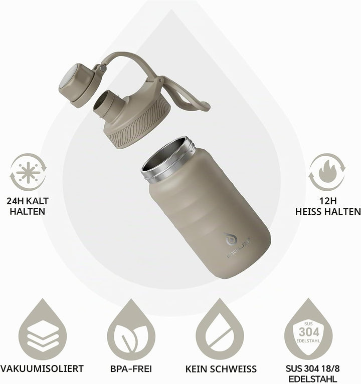 IDEUS Vakuumisolierte Wasserflasche, 12oz (360ml) Edelstahl Doppelwand Flasche Metall Sport Kantine