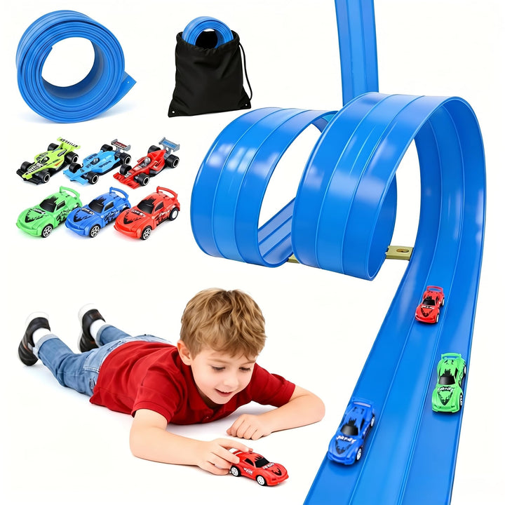 Flexible 3-Spur-Rennbahn für Kinder, 5 m lange aufrollbare Rennbahn mit 6 Autos, batterieloses Set o