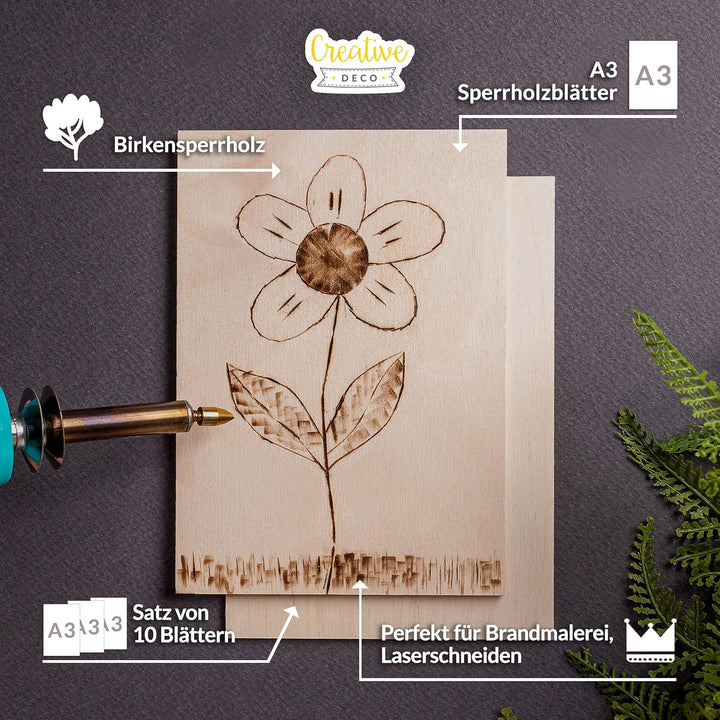 Creative Deco 10 x A3 Sperrholzplatte 3mm | 420 x 300 (+/- 0,5) mm | Birkensperrholz Dünne Holz-Zusc