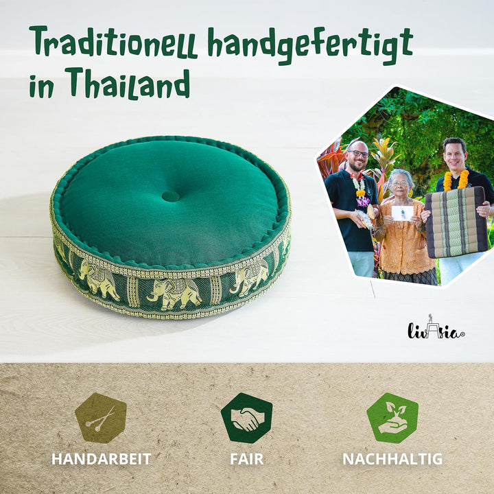 livasia Meditationskissen mit Thaiseide - Ø 45x15cm - Yogakissen mit Kapok, Pouf, Bodenkissen für Yo