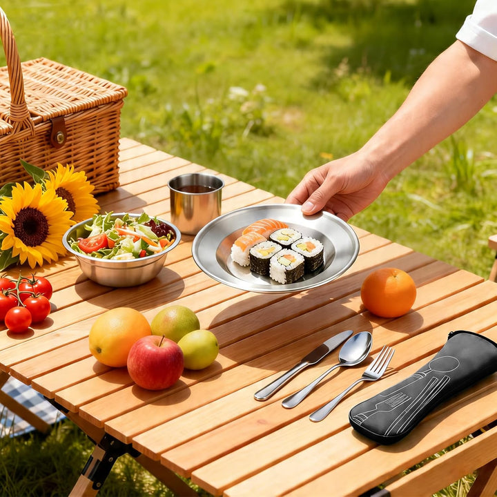 Campingbesteck Set 1 Person, Camping Geschirr Set Edelstahl mit Schalen Teller Tassen Gabeln Löffel