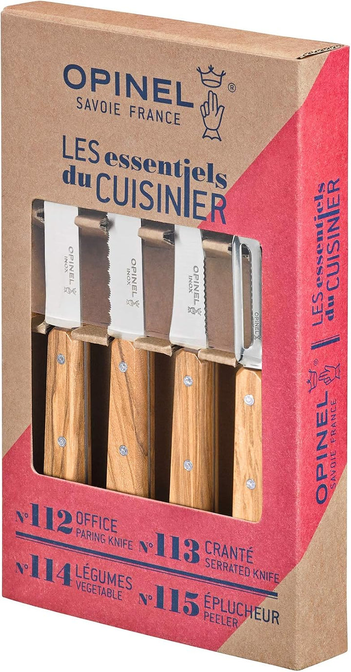 Opinel 254458 Essentials Küchenmesser Set-4 teilig-rostfreier Sandvik Stahl-Olivenholz Griffe, Mehrf