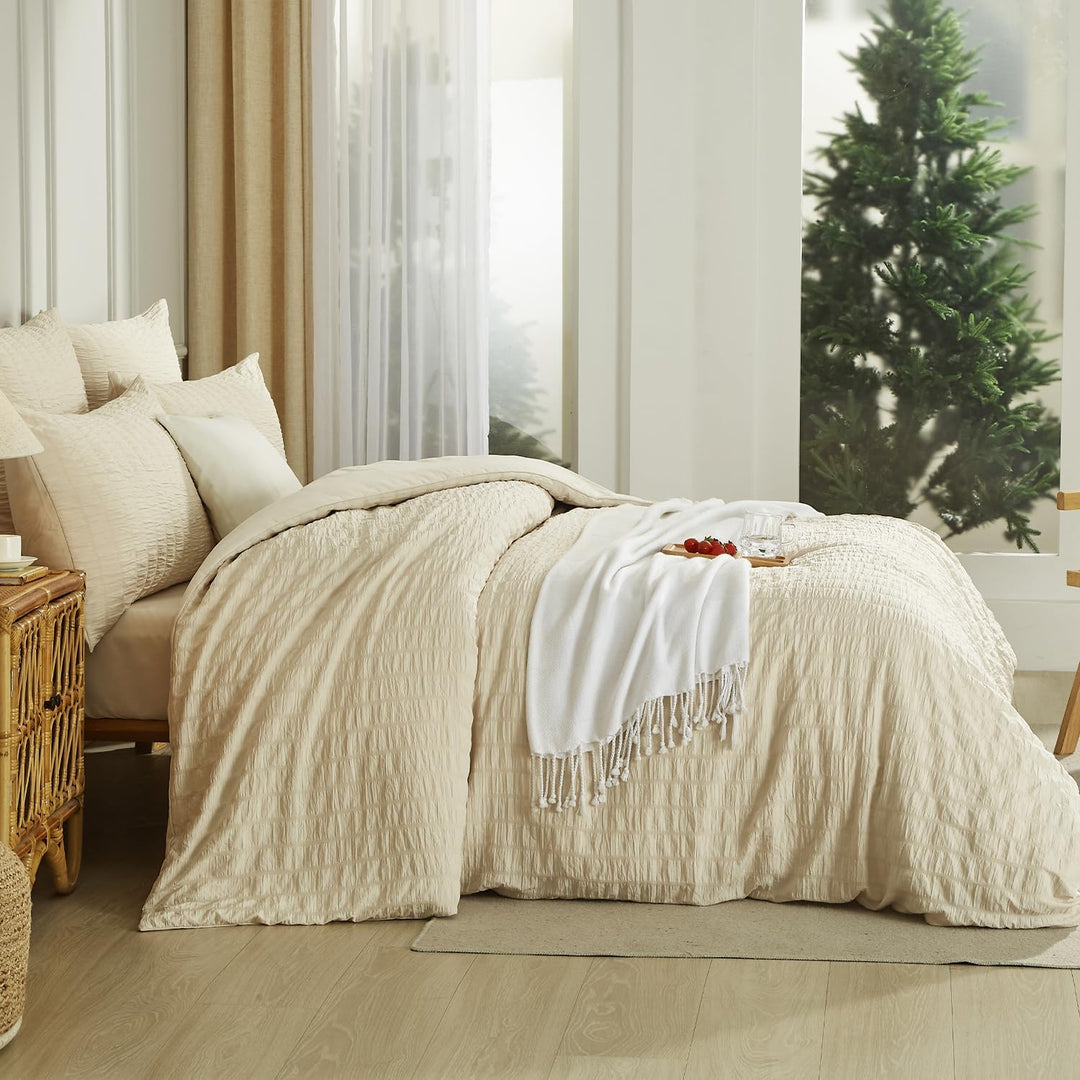 Seersucker Bettwäsche 135 x 200 Beige Khaki Sommer Uni Wende Gestreifte Sommerbettwäsche Microfaser