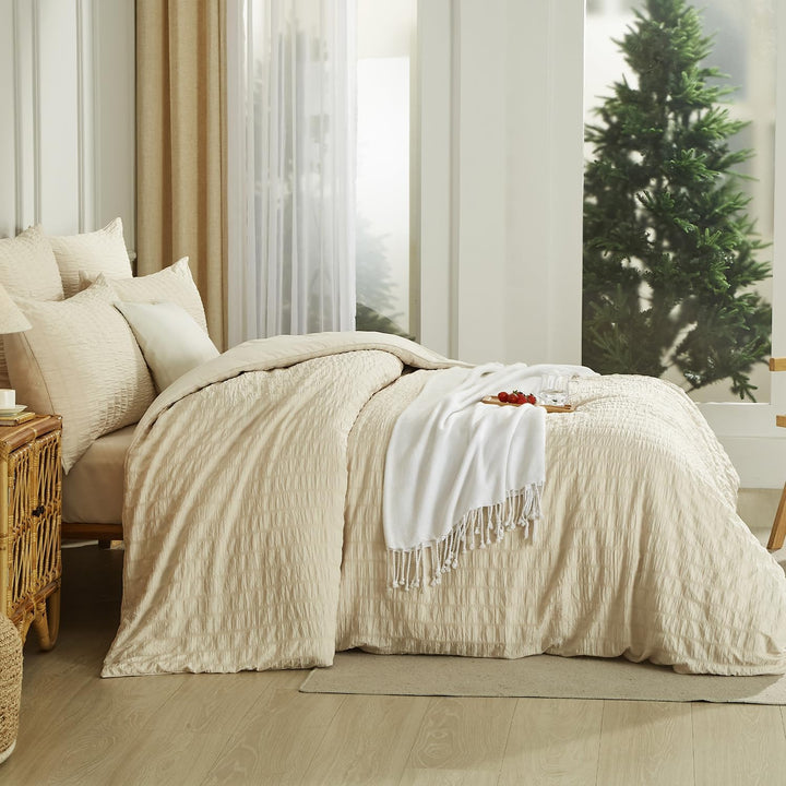 Seersucker Bettwäsche 135 x 200 Beige Khaki Sommer Uni Wende Gestreifte Sommerbettwäsche Microfaser