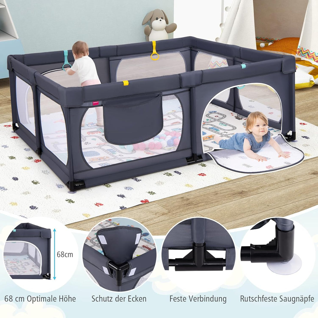DREAMADE Laufstall Baby, 189 x 158 cm Laufgitter mit Matratze & 4 Zugringen & 50 Ocean Bällen & Trag