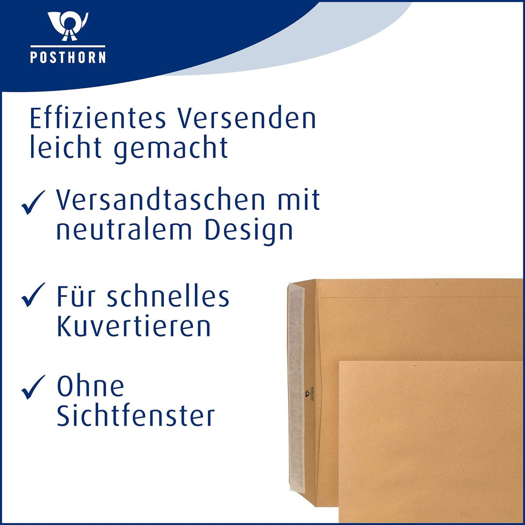 POSTHORN Versandtasche E4 (250 Stück), haftklebende Versandtaschen ohne Fenster, braune Versandtasch