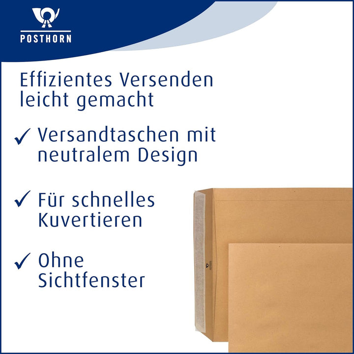 POSTHORN Versandtasche E4 (250 Stück), haftklebende Versandtaschen ohne Fenster, braune Versandtasch