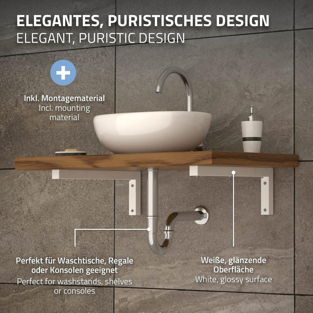 ML-Design 2er Set Wandkonsole Winkel L-Form für Waschtisch, 400x150 mm, Weiss, Stahl, Design Waschti