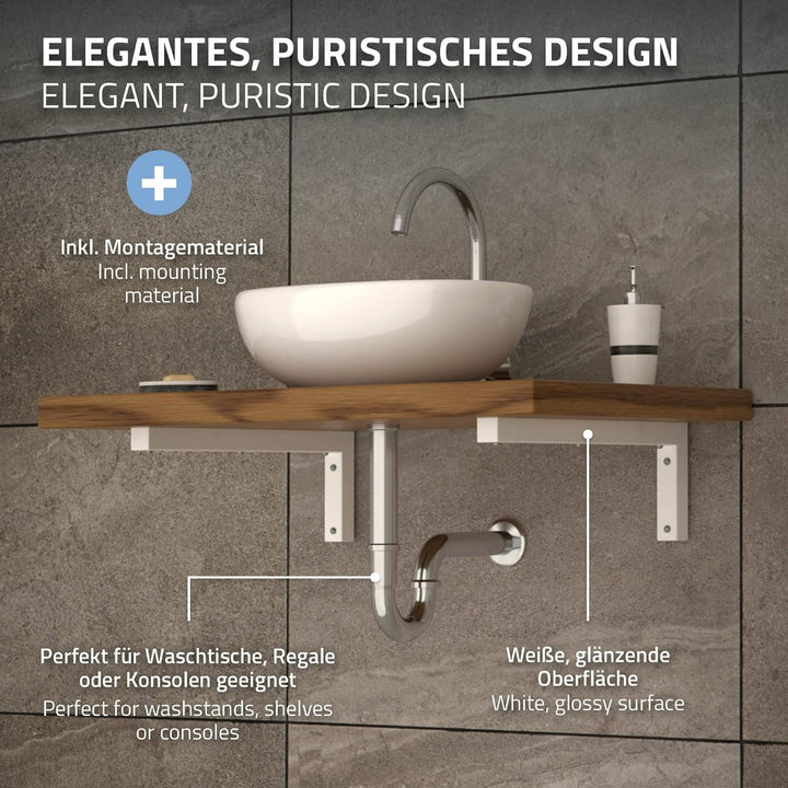 ML-Design 2er Set Wandkonsole Winkel L-Form für Waschtisch, 400x150 mm, Weiss, Stahl, Design Waschti