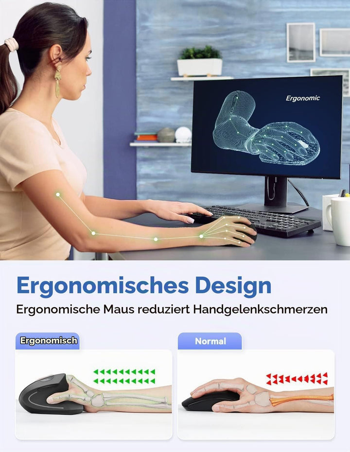 TECKNET Wireless Vertikale Ergonomische Maus 4800 DPI Schwarz, 4800 DPI Schwarz