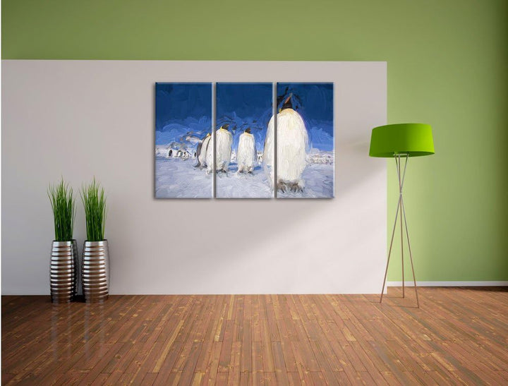 Pixxprint Kaiserpiguine in Antarktis Kunst / 3-Teilig/Gesamtmass 120cm Leinwandbild bespannt auf Hol