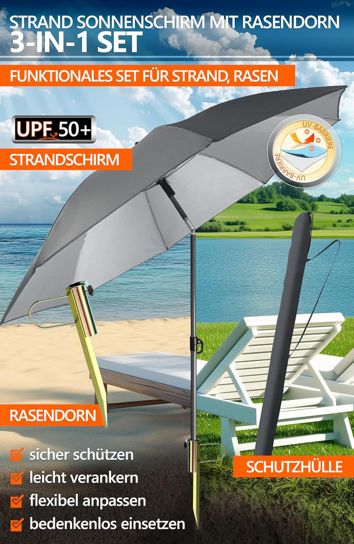 4smile Sonnenschirm Strand SunnyJoy, Anthrazit – 3er Set inkl. Strandschirm windfest stabil, Rasendo