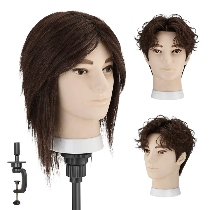 TwoWin 33 cm (13 Zoll) Frisierkopf Echthaar, Mann Friseurkopf Übungskopf 100% echthaar, Trainingskop