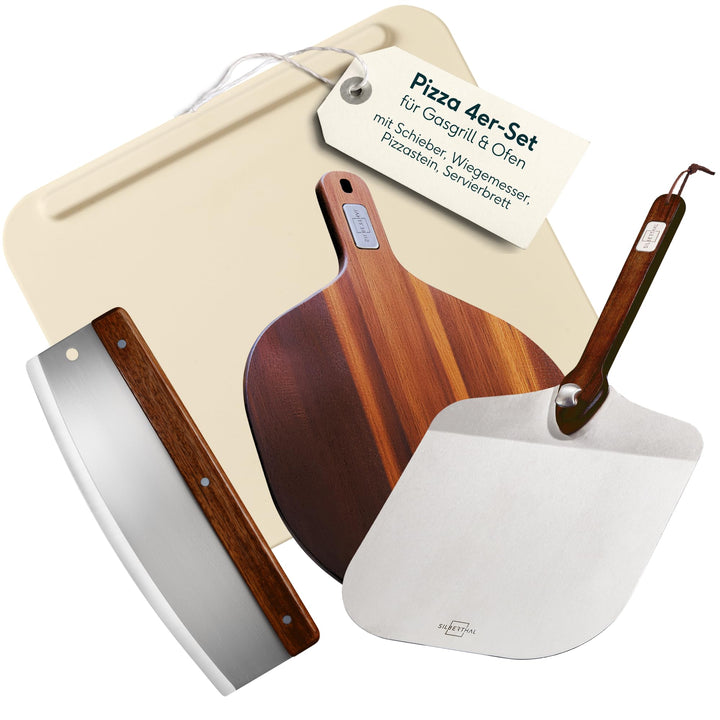 SILBERTHAL Pizzastein Set 4 teilig - Pizzaschieber Edelstahl mit Pizzastein, Pizzamesser 32cm & Serv