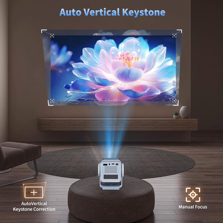 Mini Beamer 4K Unterstützt, Tragbarer Projektor,Android 13, WiFi6 & BT5.0, Short Throw Beamer Klein