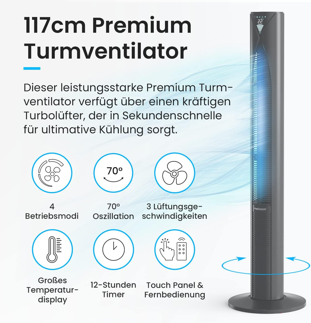 Pro Breeze Premium Design Turmventilator mit Fernbedienung, Timer & Oszillation, 117cm hoch - Standv