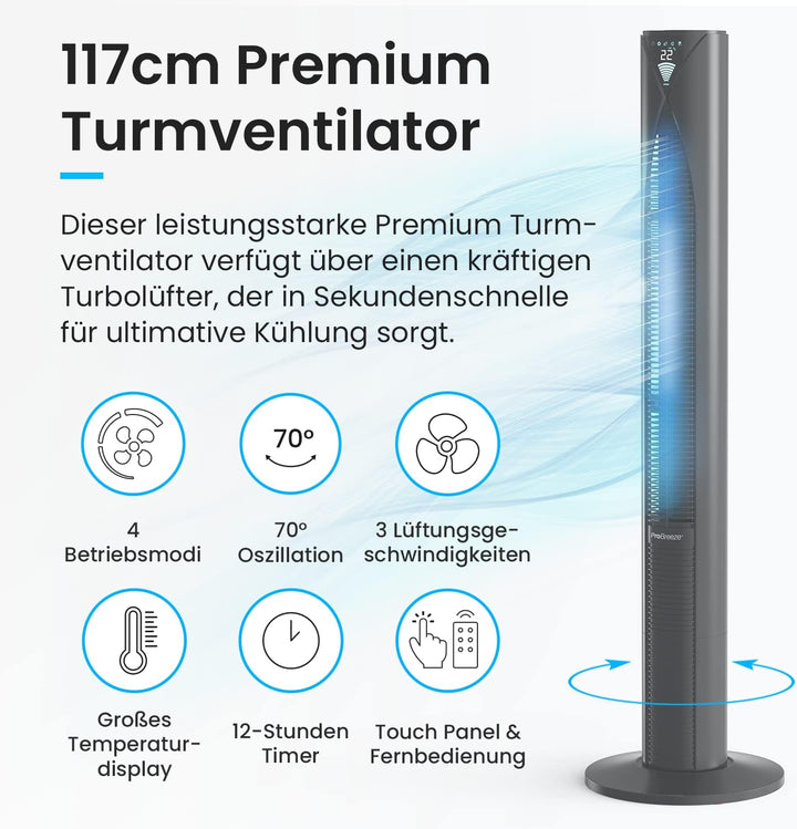 Pro Breeze Premium Design Turmventilator mit Fernbedienung, Timer & Oszillation, 117cm hoch - Standv