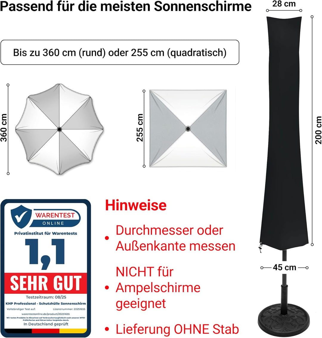 KHP Professional Premium Schutzhülle für Sonnenschirm aus extra stabilem Stoff in 5 Längen | Extrem