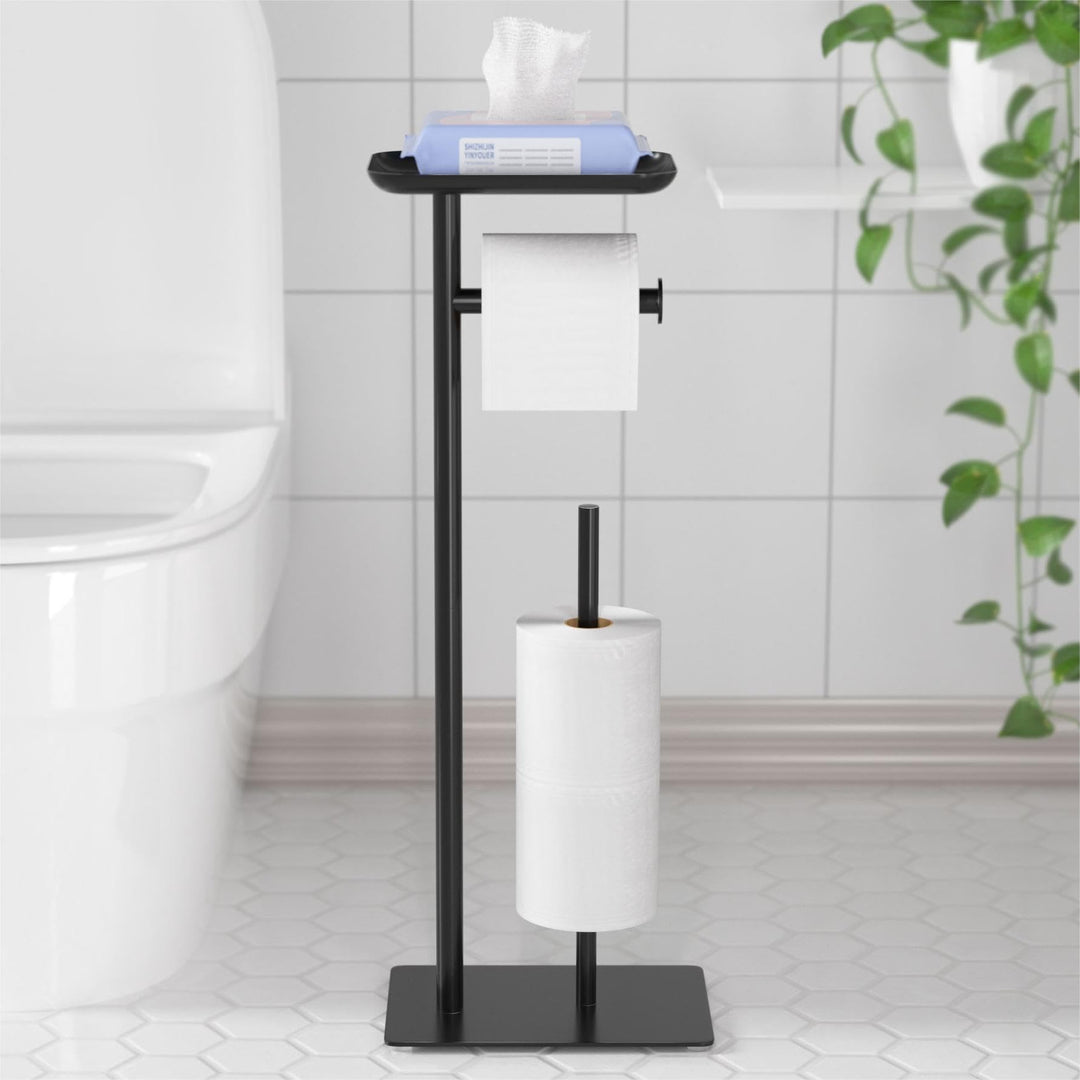 Freistehender Toilettenpapierhalter mit Ablagefläche Oben, schwarzer Toilettenpapierhalterständer, B
