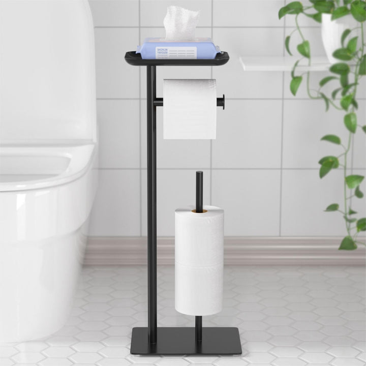 Freistehender Toilettenpapierhalter mit Ablagefläche Oben, schwarzer Toilettenpapierhalterständer, B