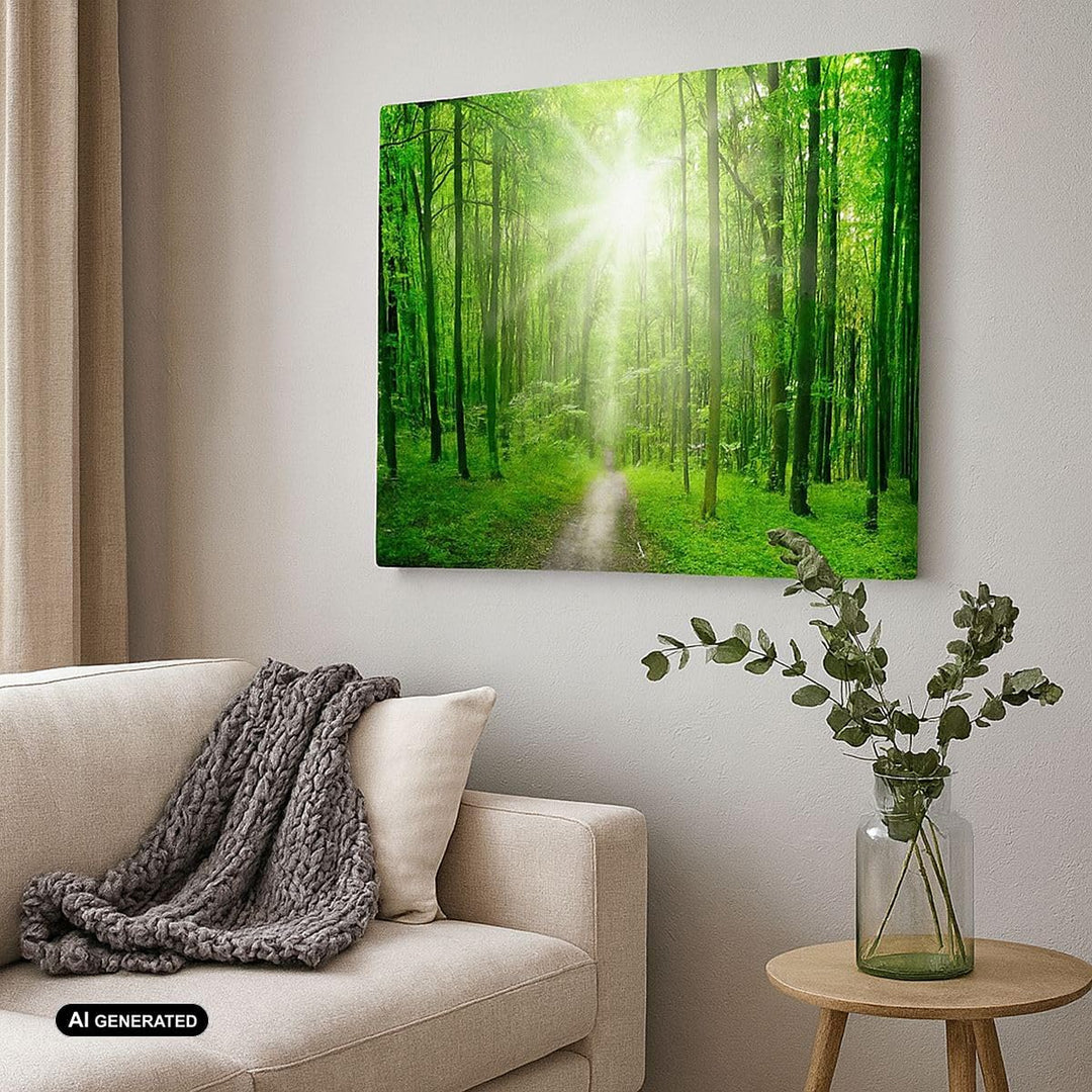 Bilder auf Leinwand 100x70cm Leinwandbild Sonnenstrahlen Wald Sommer Gross Wanddeko Bild Schlafzimme
