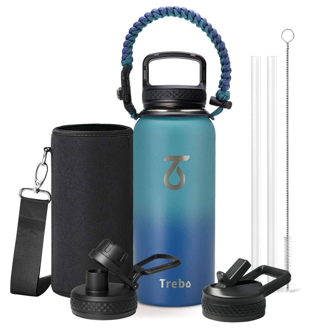 Trebo 946 ml Wasserflasche isoliert mit Paracord-Griff und Strohhalm, vakuumisolierte doppelwandige
