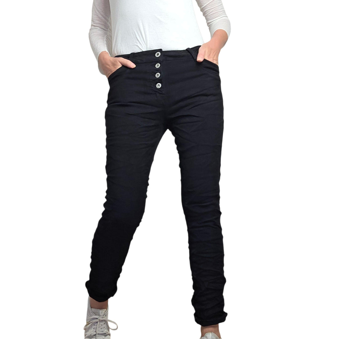 Jewelly Stretch Jeans| im Baggy Boyfriend Schnitt| Damen Hose mit dekorativer Knopfleiste| Perfekter
