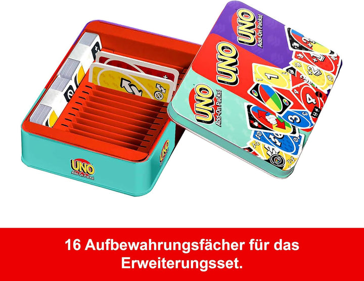 Mattel Games UNO Kartenspiel mit Zwei Erweiterungssets und Sammelmetalldose für Kinder, Erwachsene u