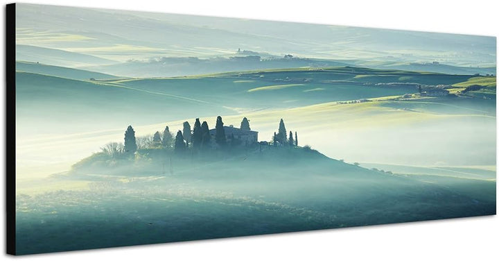 Paul Sinus Art Panoramabild auf Leinwand und Keilrahmen 120x40cm Toskana Landschaft Nebel Morgengrau