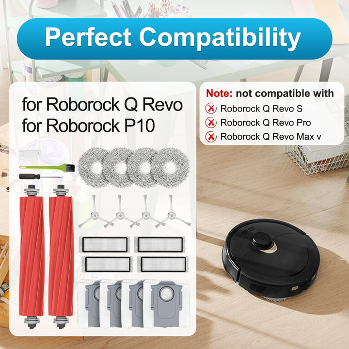 DrRobor Zubehörset für Roborock Q Revo Saugroboter, 2 Ersatzteile Hauptbürste, 4 Wischtücher, 4 Stau