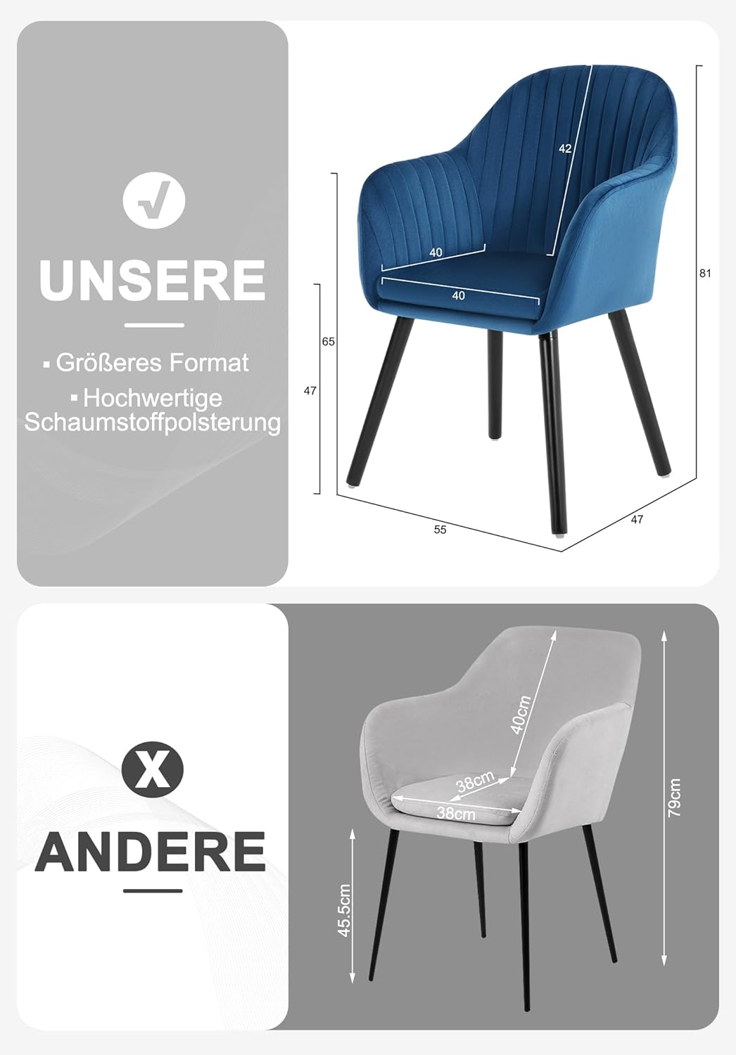 WOLTU Esszimmerstühle 1er Set, für Schlafzimmer Küche Wohnzimmer, Küchenstühle gepolstert mit Armleh