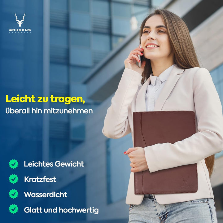 AMKSONS Schreibmappe A4 in Braun inklusive Klemmbrett & DIN A4 Notizblock - Premium Konferenzmappe a