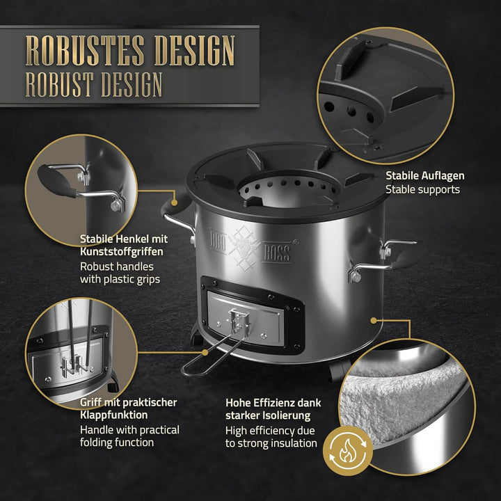 Raketenofen, Silber, Edelstahl Campingofen, Campingkocher Holz Kohle, Camping BBQ Holzofen zum Koche