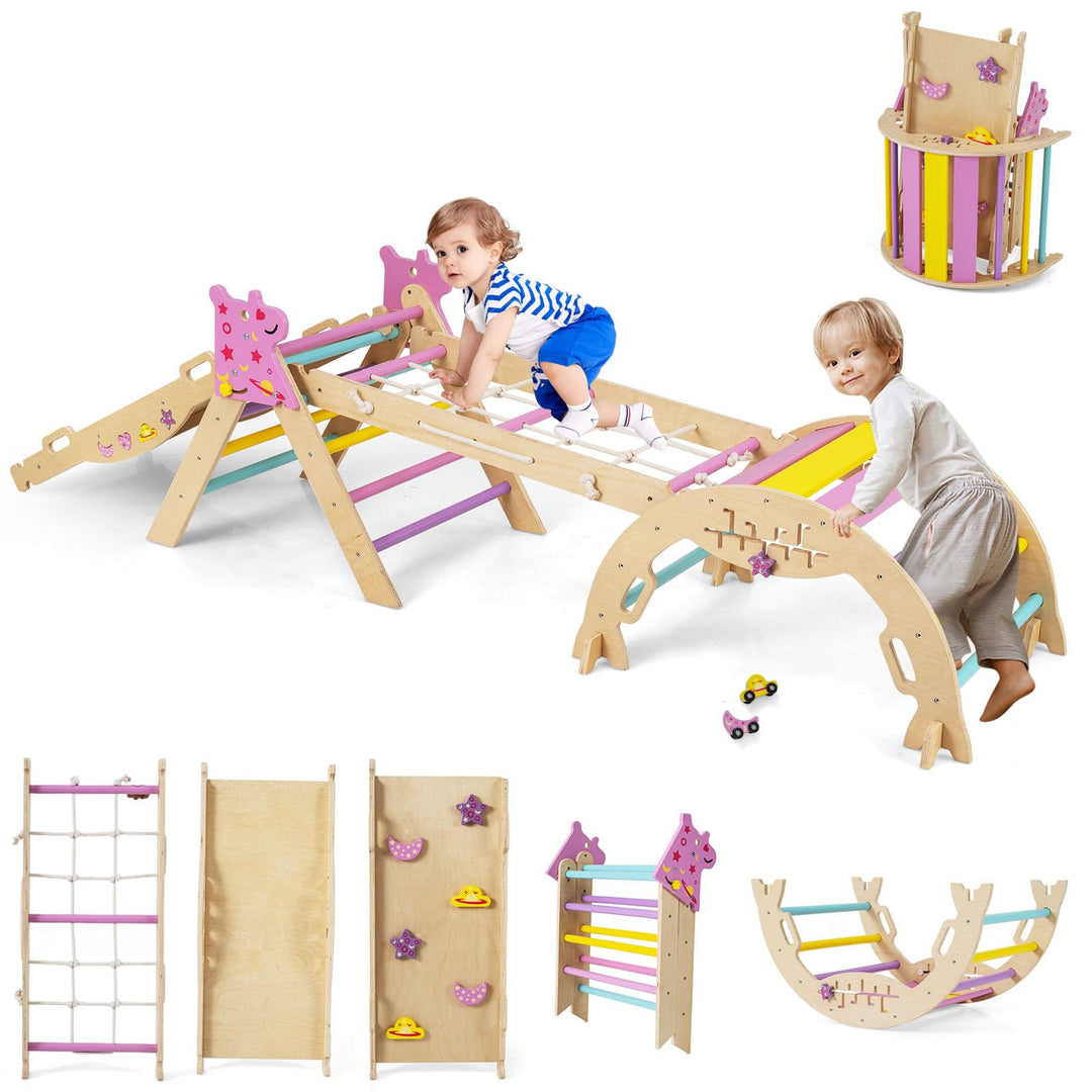 DREAMADE 9-in-1 Montessori Kletterdreieck Set, Kletterbogen aus Holz mit Netz für Kleinkinder ab 1 J