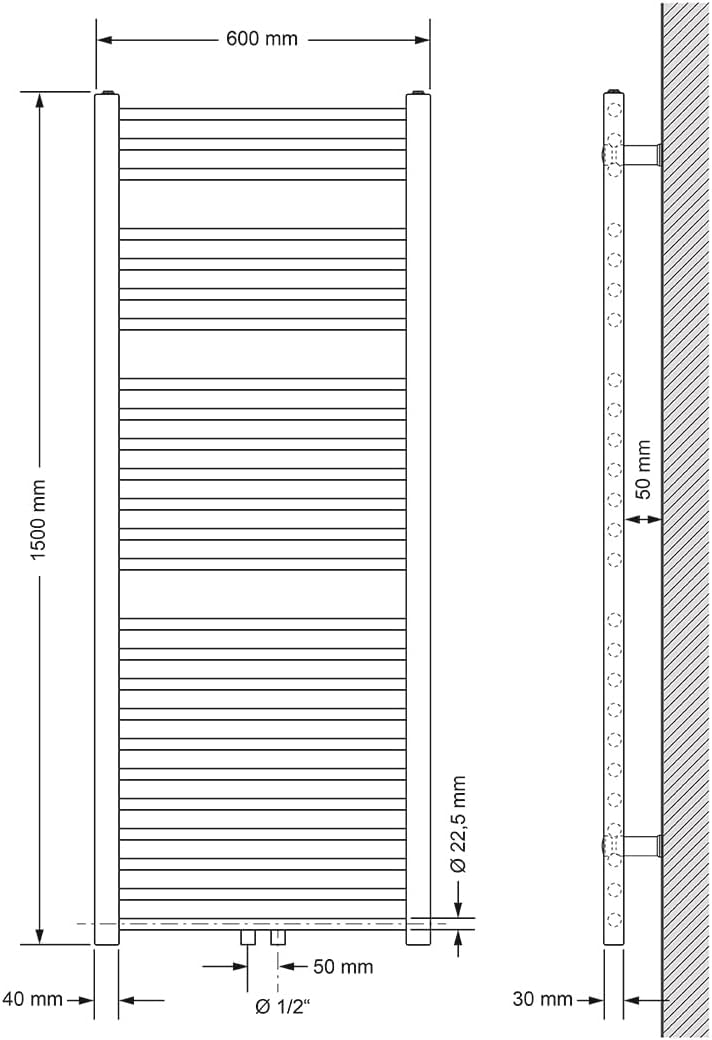 ECD Germany Badheizkörper Mittelanschluss 600 x 1500 mm Anthrazit gerade mit Anschlussgarnitur inkl.