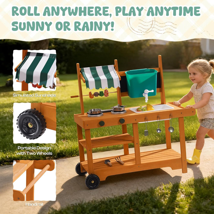 ROBOTIME Mud Kitchen Outdoor Spielset für Kinder, Spielküche mit rollenden Rädern, Schiebegriff, dre