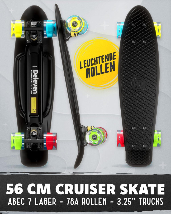 Deleven Skateboard mit LED Rollen, Skate Tool und ABEC 7 Lager - Kinder Erwachsene Anfänger - 56 cm,