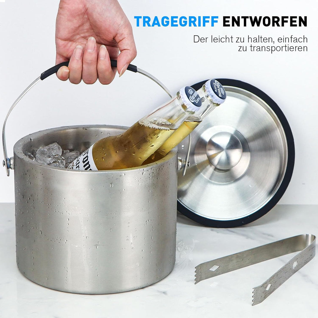 FiveHome 3,2L Edelstahl Eisbehälter mit luftdichtem Deckel, Sieb und Eiszange, Eiswürfelbehälter dop