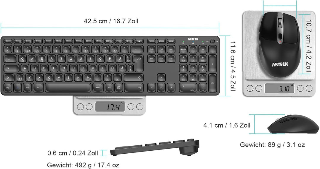 Arteck 2.4G Kabellose Tastatur und Maus kombination Ultra dünne Full Size Tastatur Tastatur und ergo