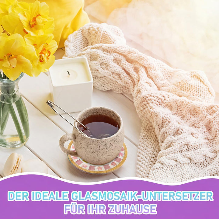 OGMBI 8er Set DIY Mosaik Bastelset Untersetzer, DIY Glasmosaik Set mit Bambus-Holzbasis für Erwachse