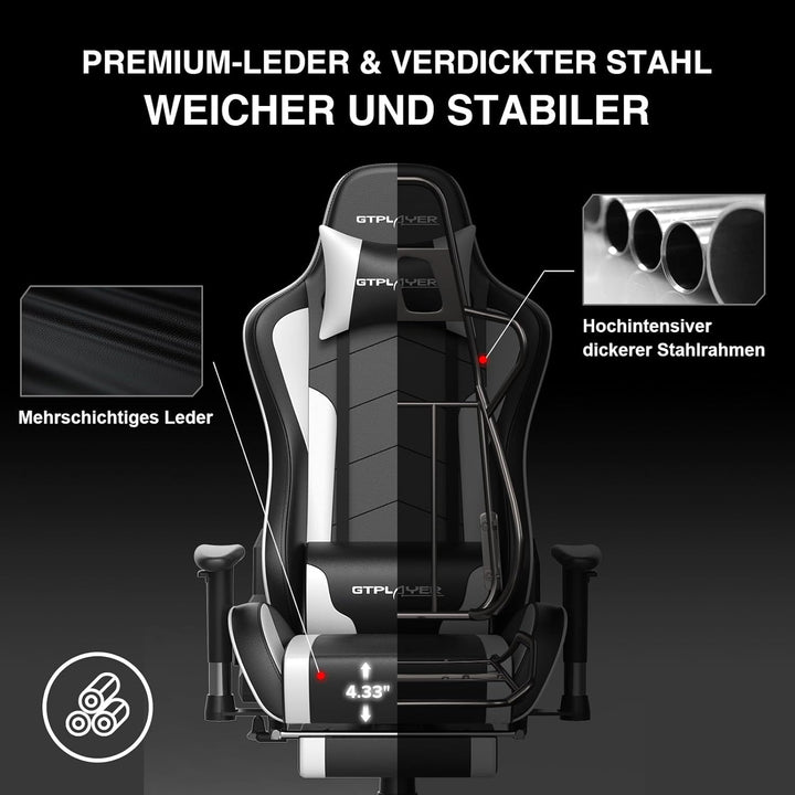 GTPLAYER Gaming Stuhl Gamer Stuhl mit Fussstütze Bluetooth Lautsprecher Ergonomischer Bürostuhl Comp